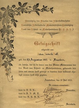 Getuigschrift J.F. Hoff, Amsterdam